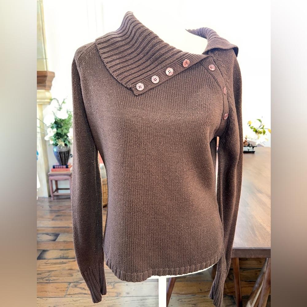 Derek Heart Metallic Chocolate Brown Cowl Neck Knit Sweater Juniors XL Fits M–L